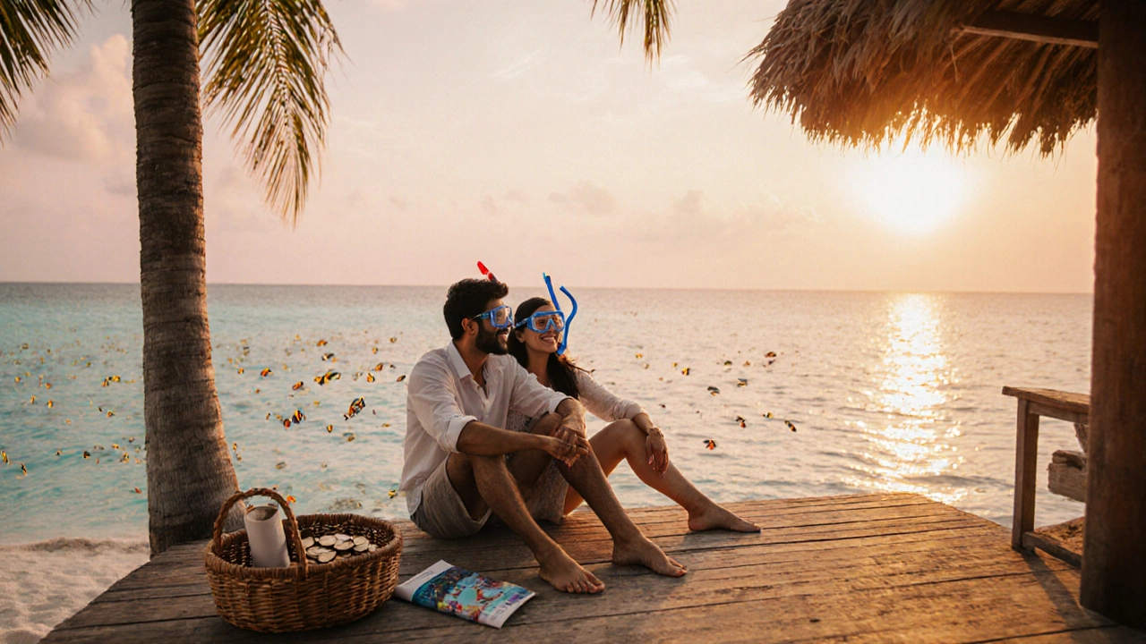 Indian couple snorkeling and relaxing on a budget Maldives guesthouse deck at sunset.