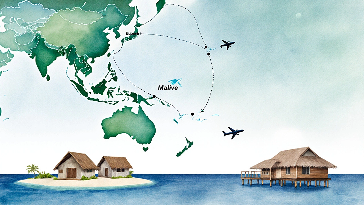 Watercolor map showing Indian flight routes to Bora Bora and Maldives with guesthouses and water villas.