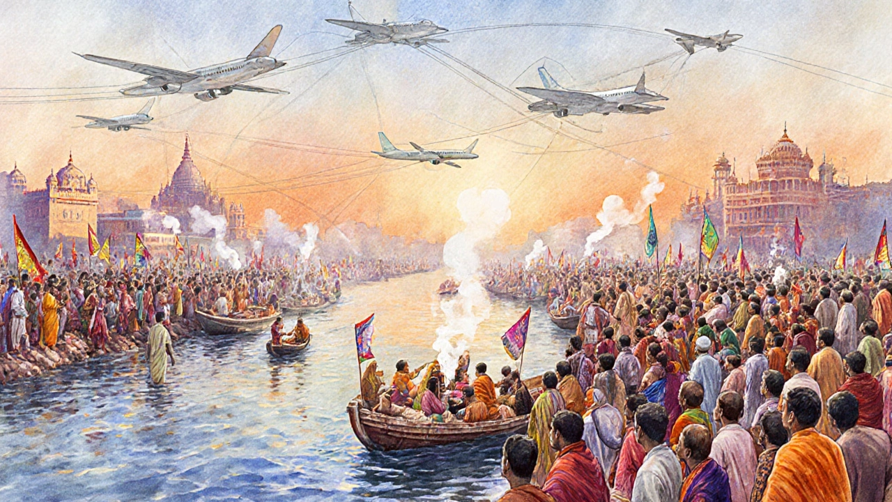 Watercolor scene of Kumbh Mela crowds on the Ganges with distant airports and rail lines.